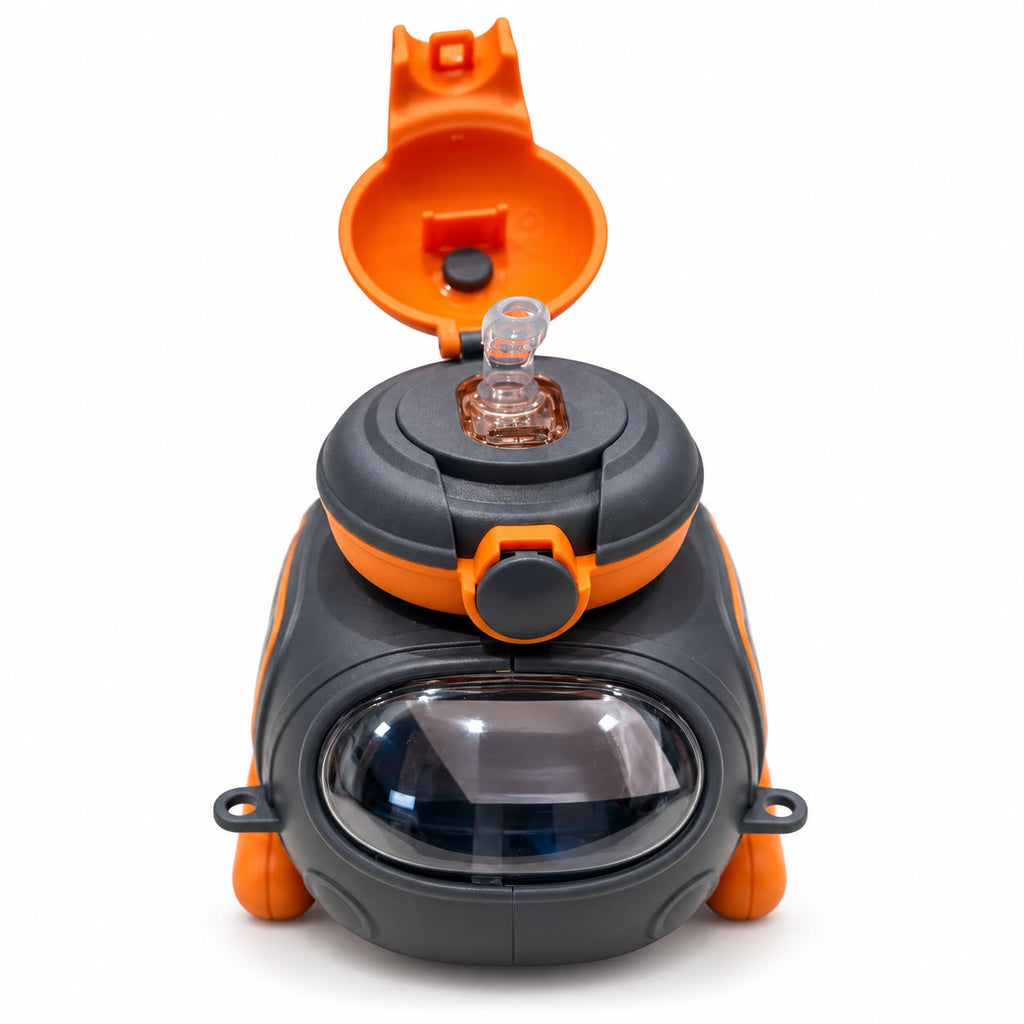 Black and orange submarine-style kids water bottle with flip lid open