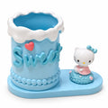 Blue character desk pen holder with figurine