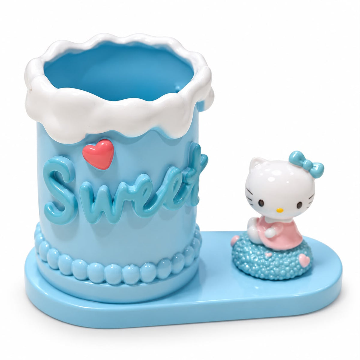 Blue character desk pen holder with figurine