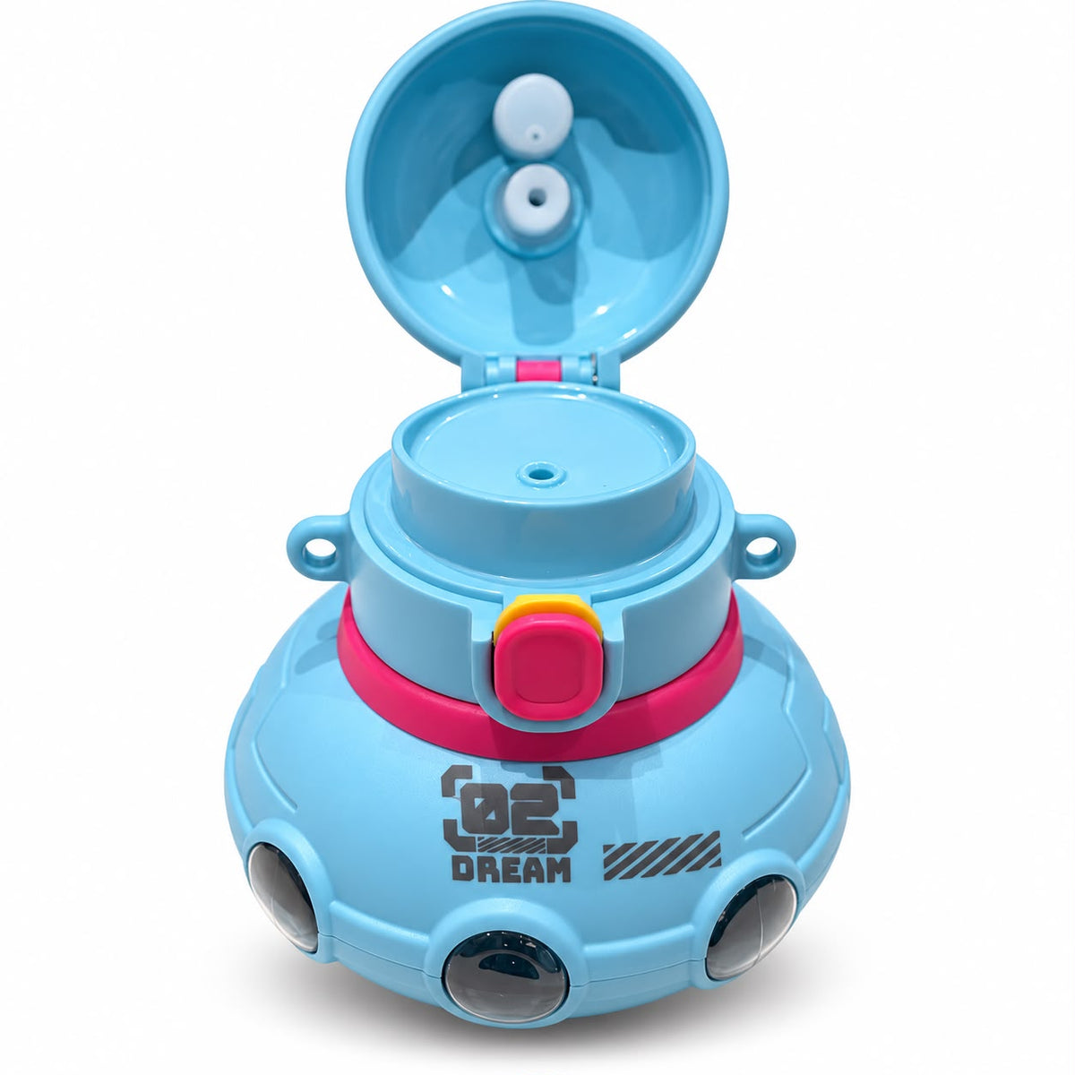 Blue and pink DREAM kids water bottle with lid open