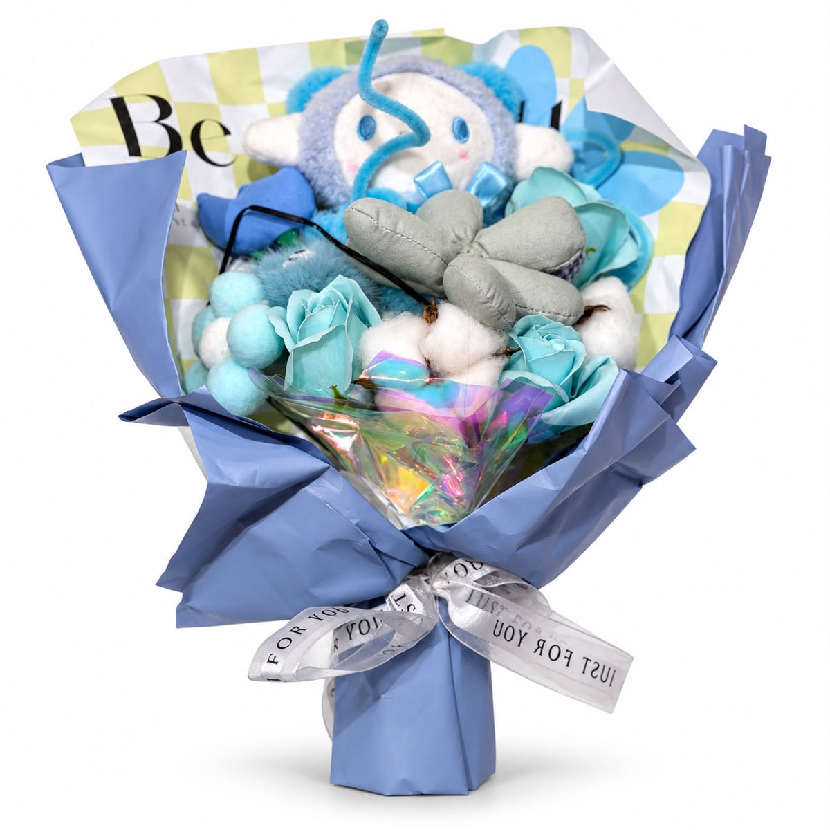 Blue plush character and flower gift bouquet