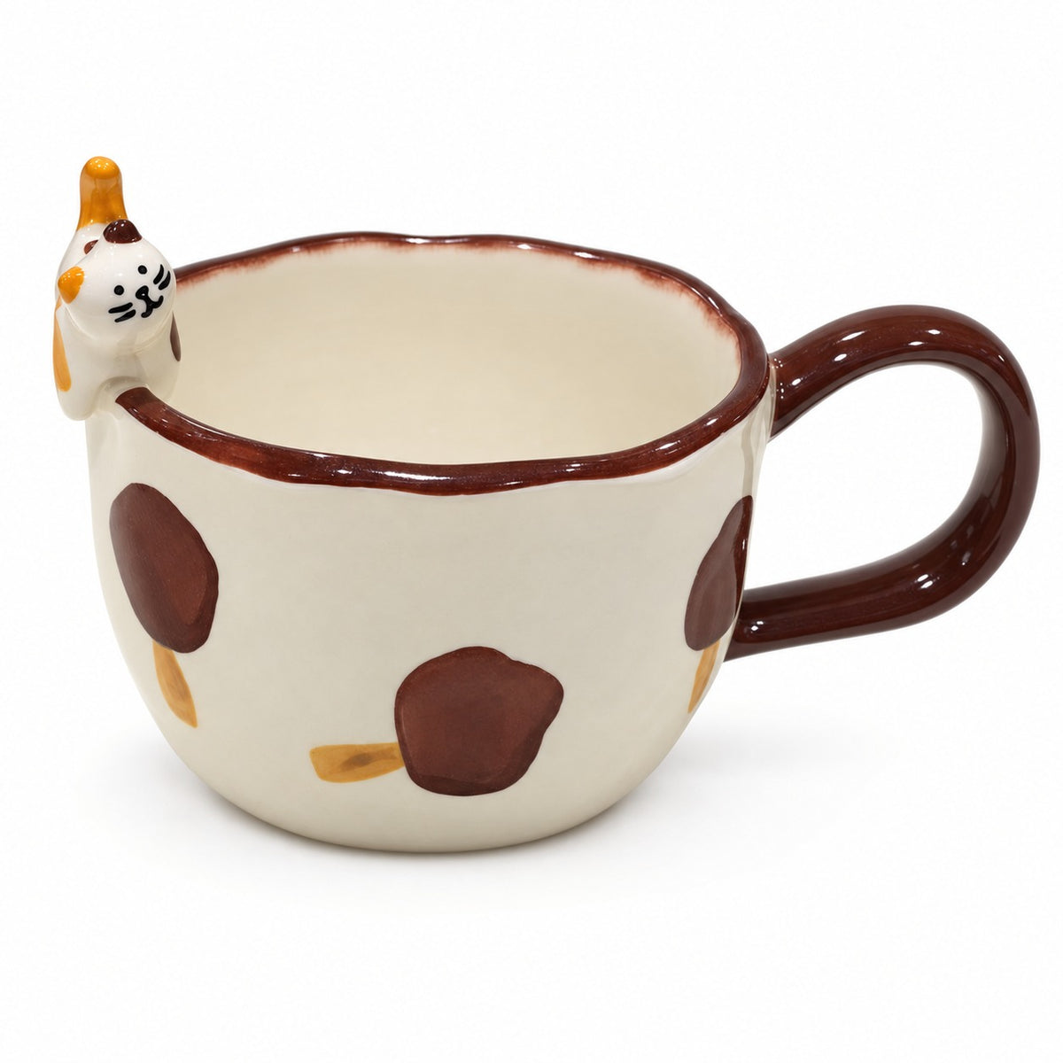 Cream ceramic cat mug with brown trim and cat detail