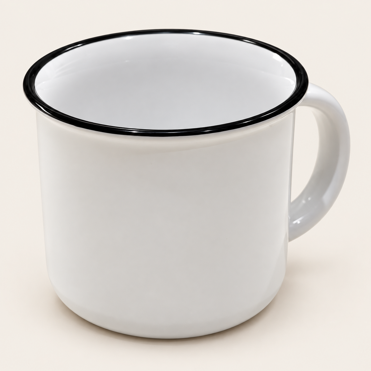 Classic white ceramic mug with black rim