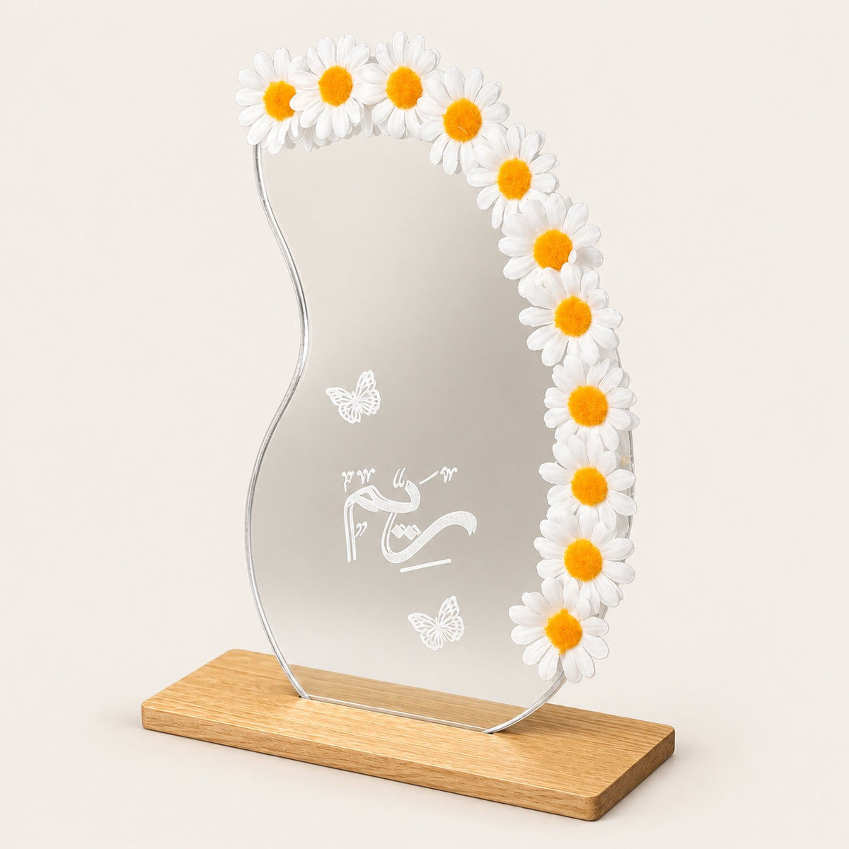Custom daisy mirror keepsake on wooden base
