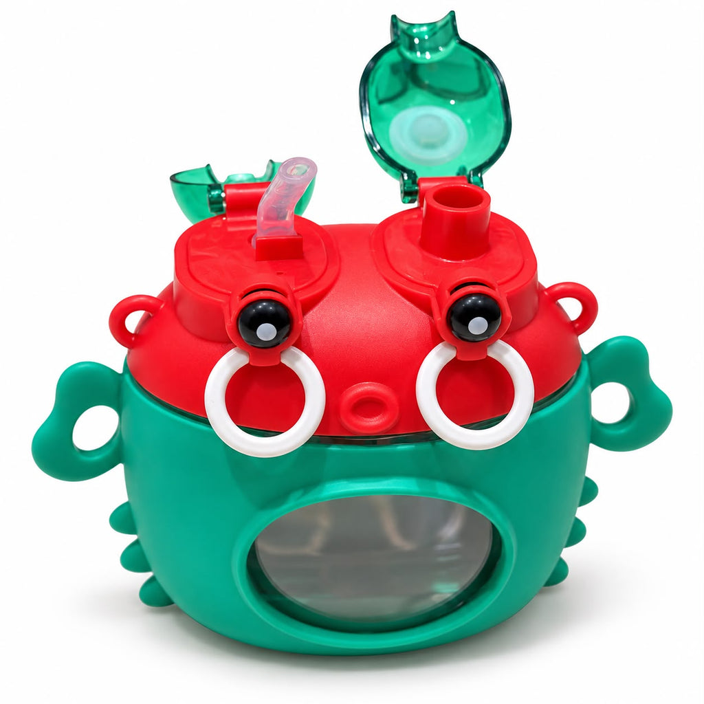 Green and red frog kids dual-spout water bottle open