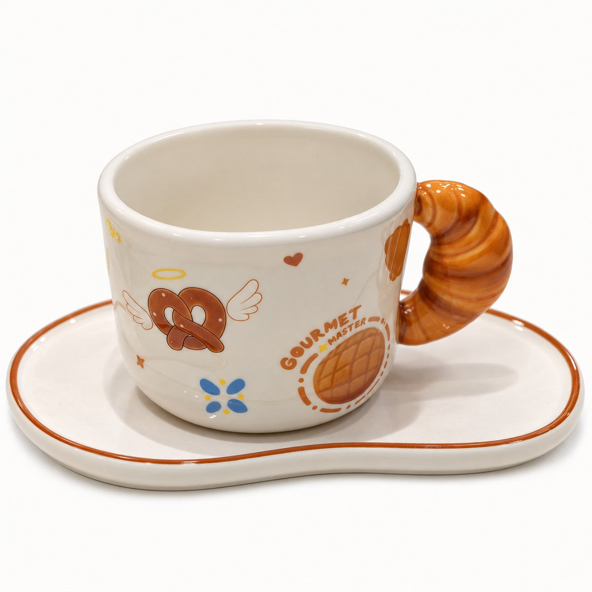 Gourmet Master ceramic cup and saucer with croissant-style handle