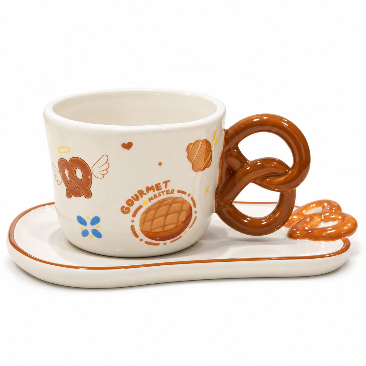 Gourmet Master ceramic cup and saucer with pretzel-style handle