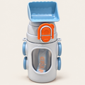 Gray and blue kids water bottle with orange lock and protective holder