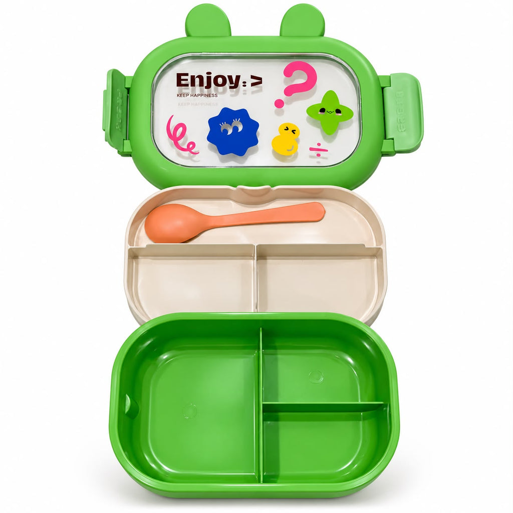 Green kids compartment lunch box open with spoon and divided tray