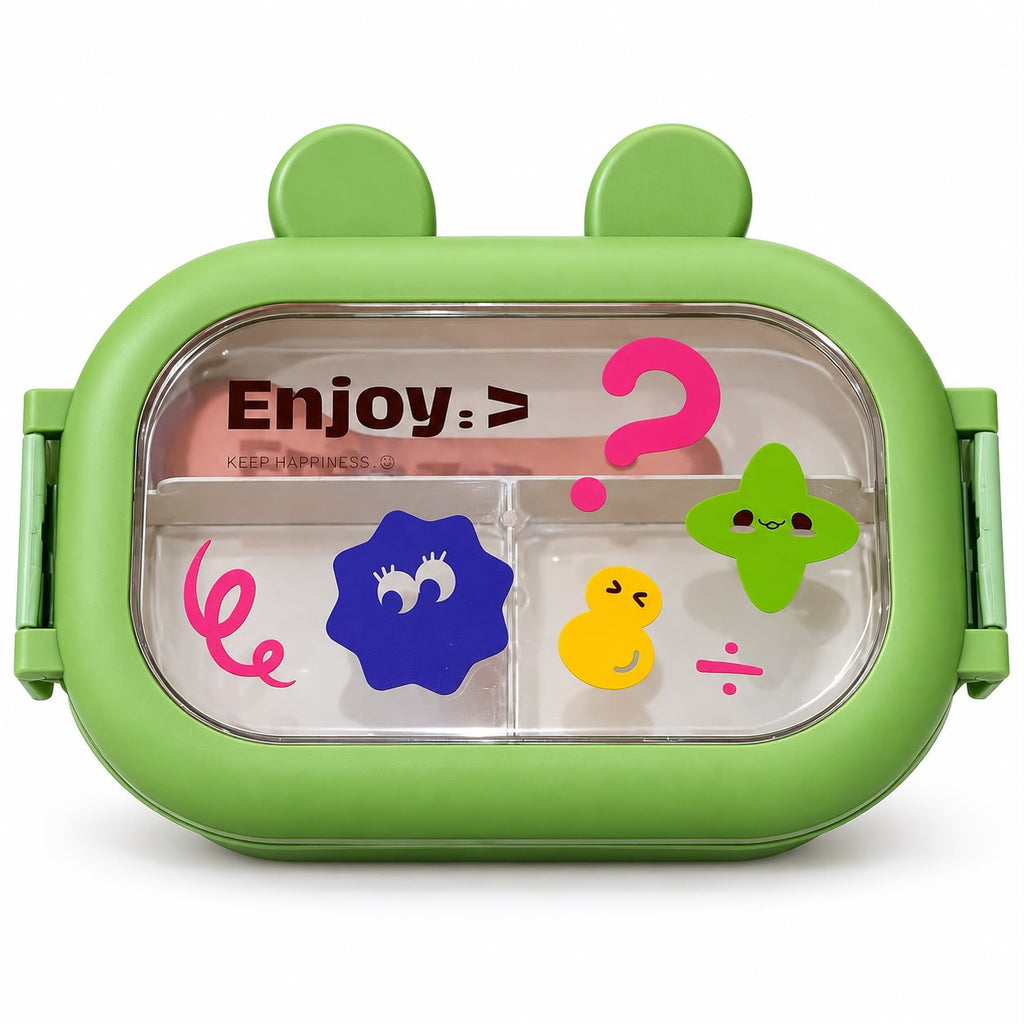 Green kids compartment lunch box with transparent lid