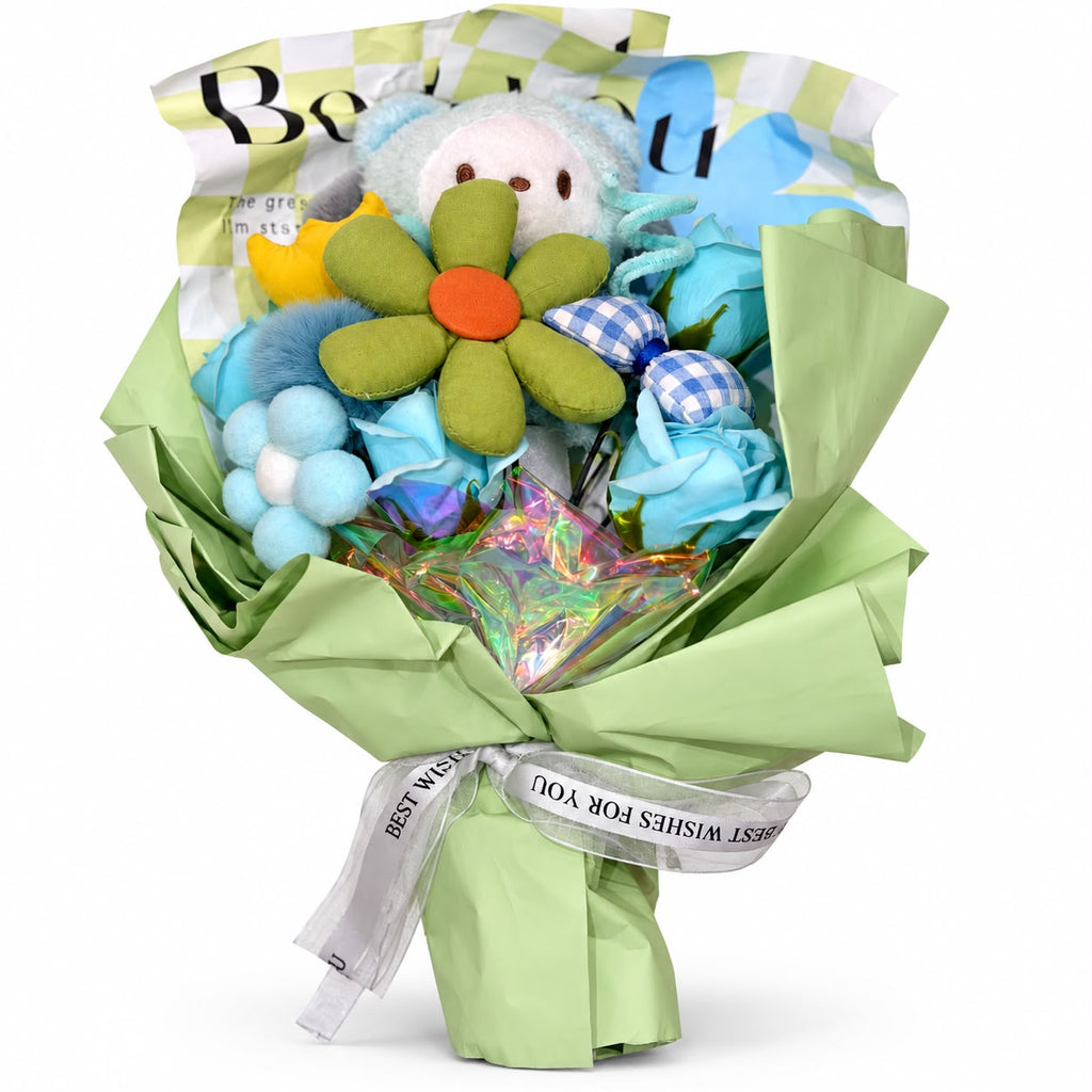 Green and blue plush character flower gift bouquet