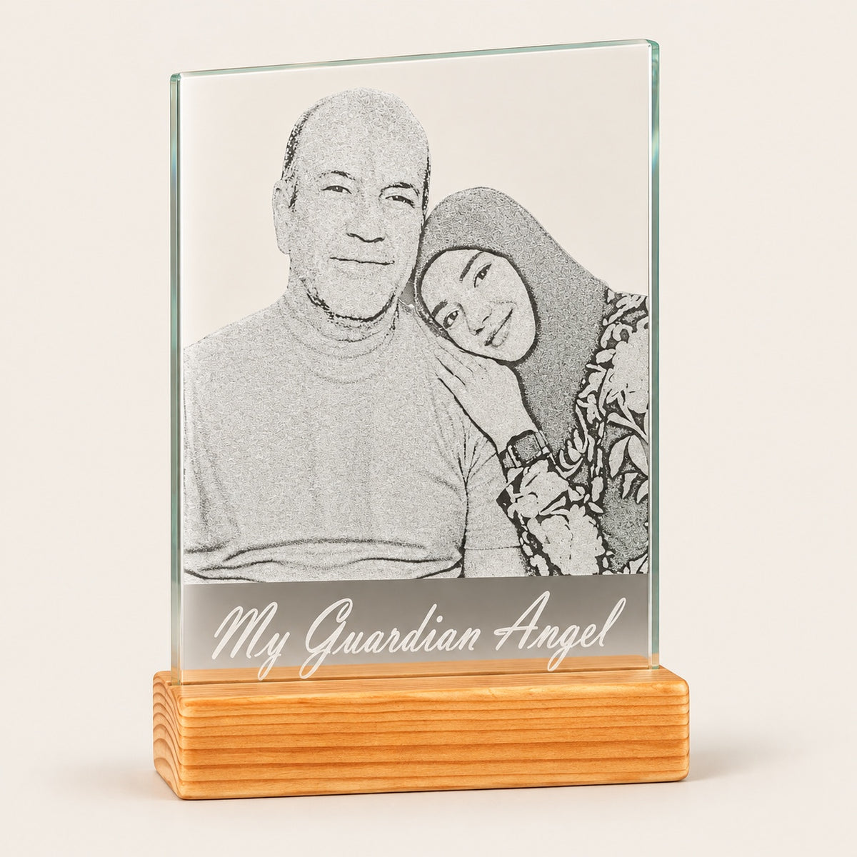 Personalized engraved glass photo keepsake on wooden base