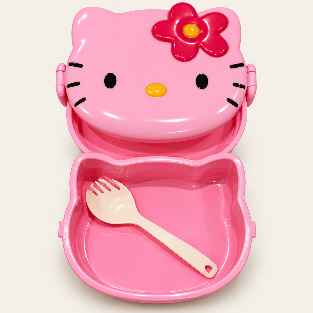 Pink cat character lunch box open with spoon