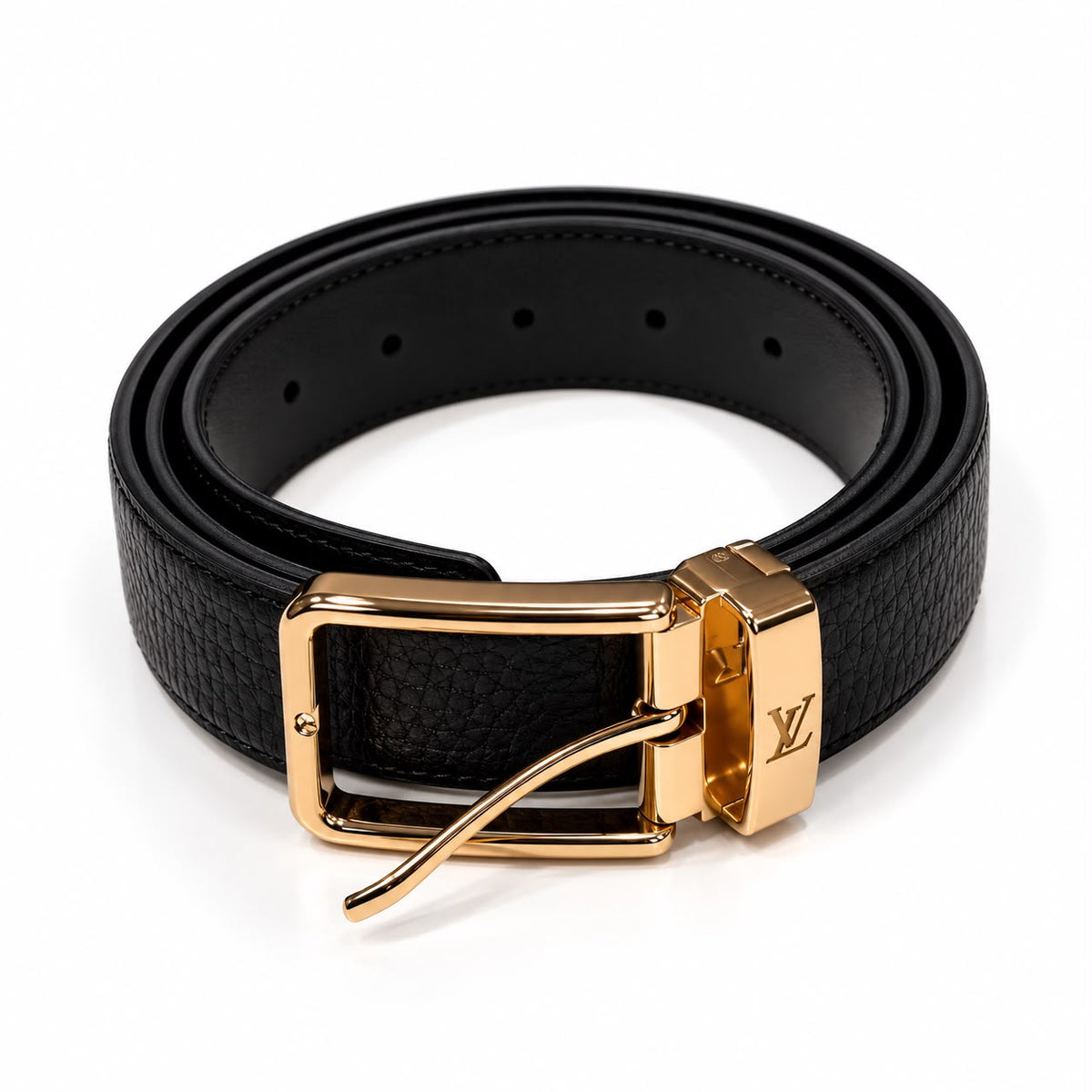 Louis Vuitton-Style Black Belt with Gold Buckle