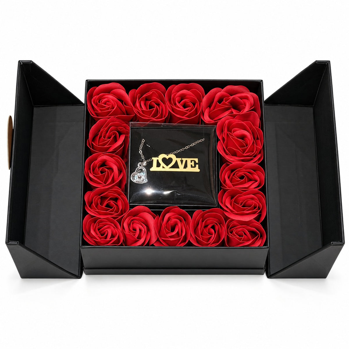 Black LOVE rose necklace gift box open with red roses