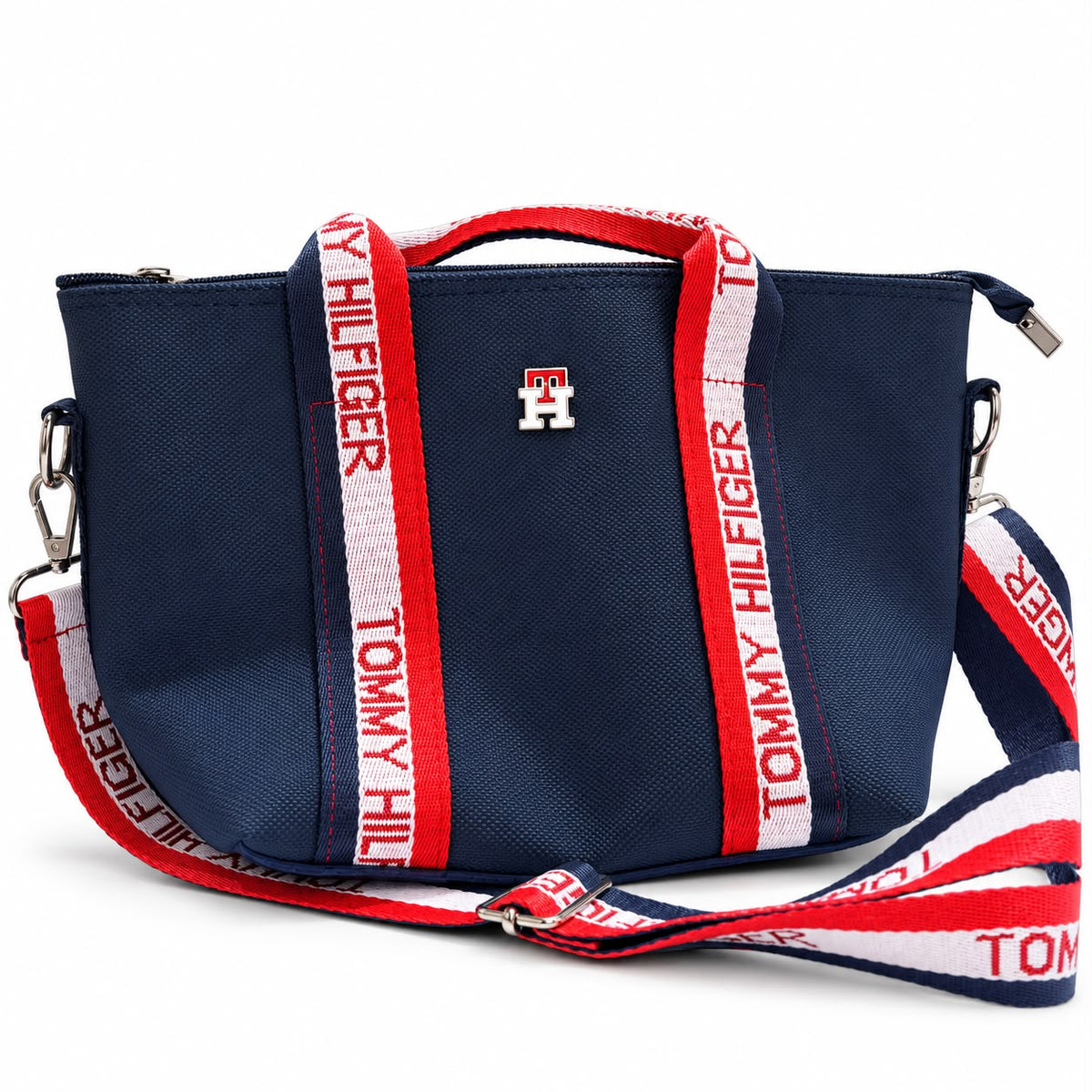Navy Tote Bag with Red Stripe