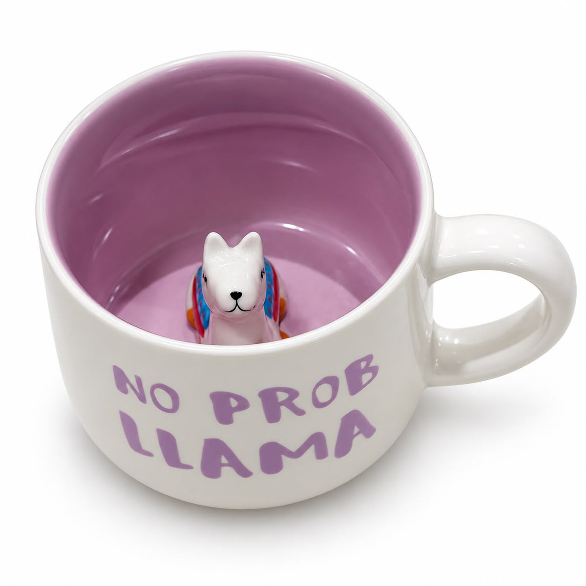 White and lavender No Prob Llama ceramic mug with figurine