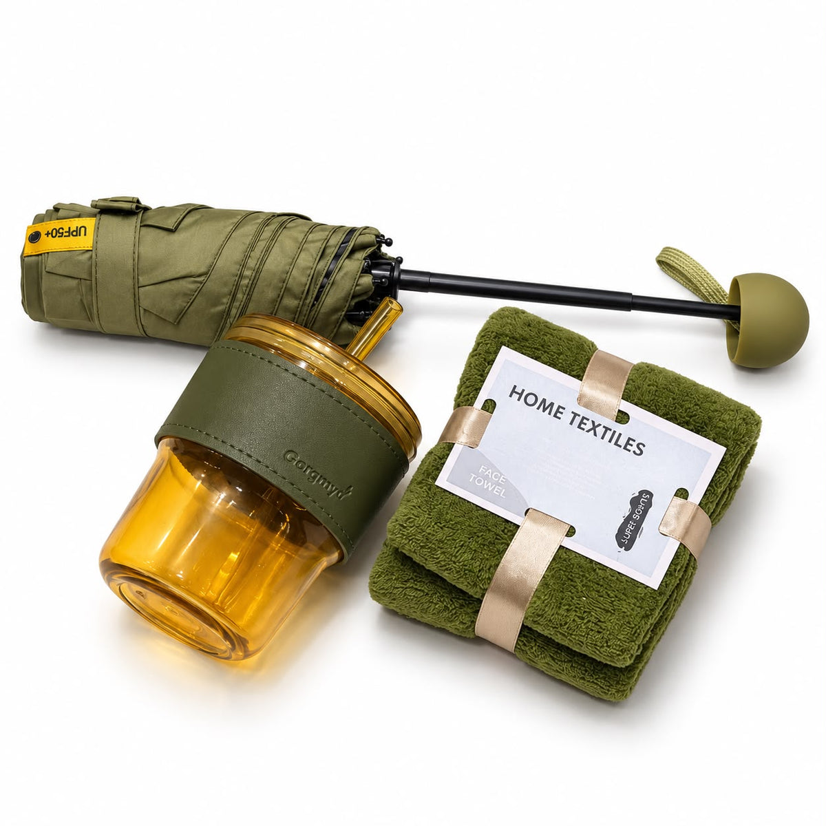Olive green umbrella cup and face towel gift set open