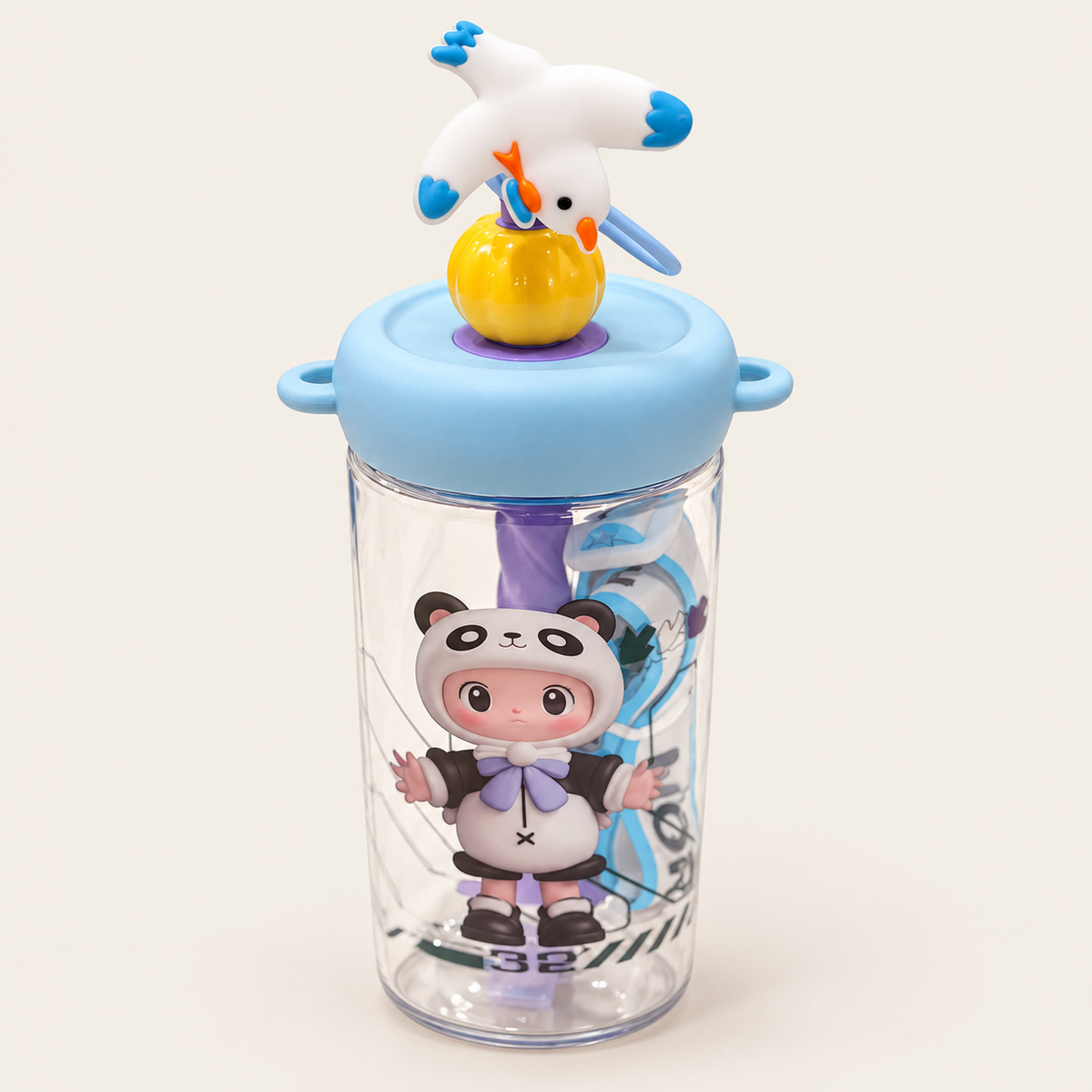 Clear kids bottle with panda character print and decorative lid