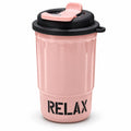 Pink RELAX travel tumbler with black flip lid