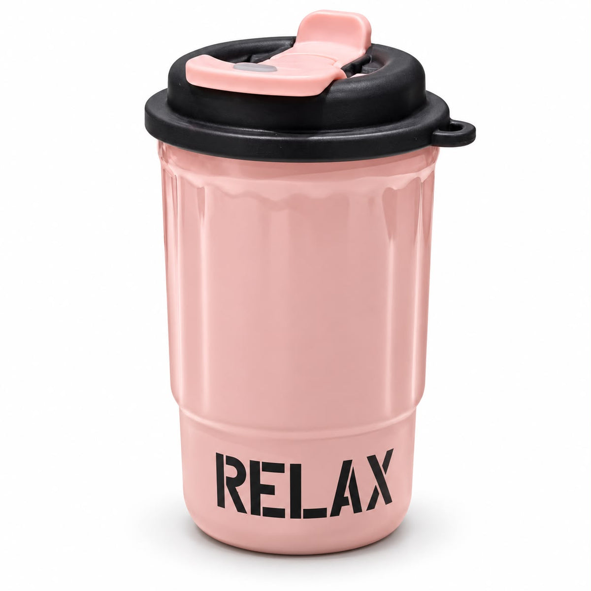Pink RELAX travel tumbler with black flip lid