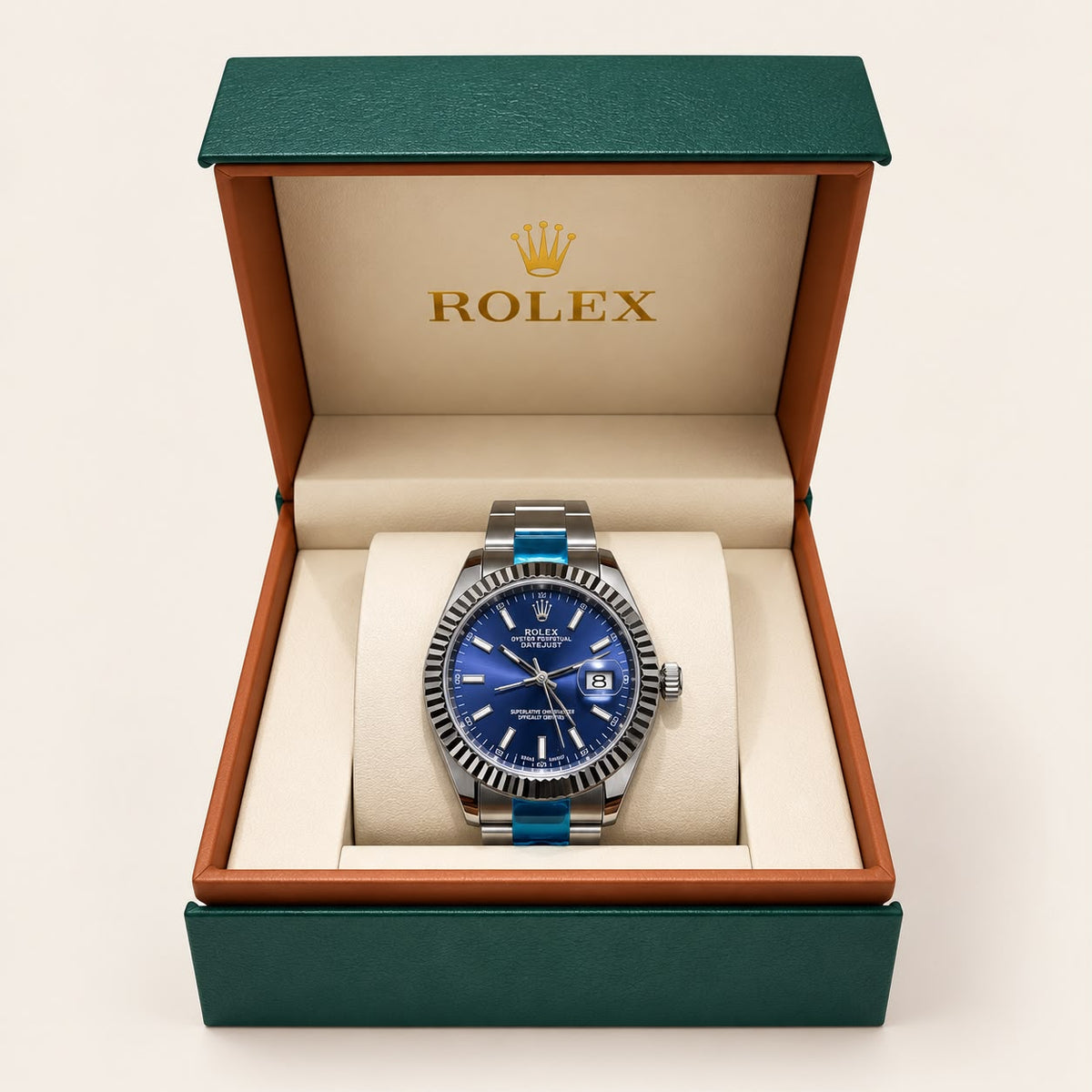 Rolex-Style Blue Dial Date Watch