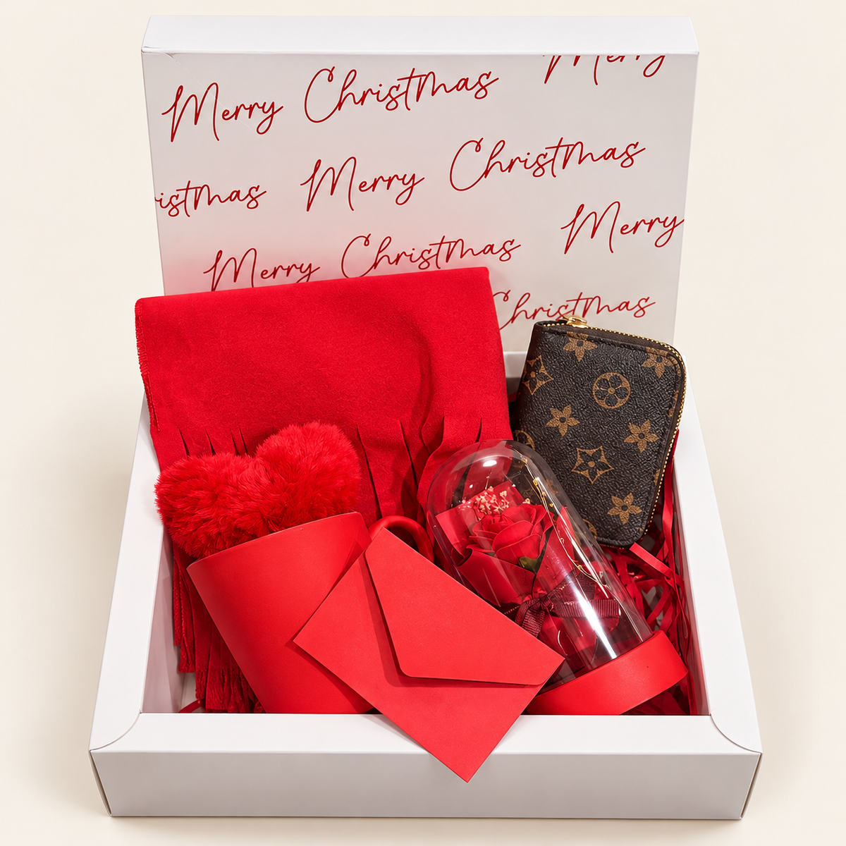 Merry Christmas red gift box with scarf wallet and rose