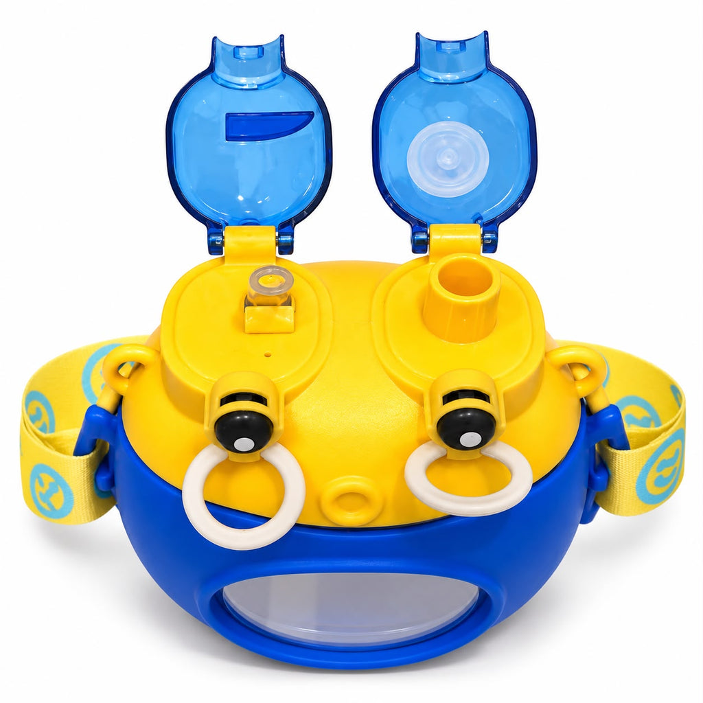 Yellow and blue dual-spout kids water bottle open