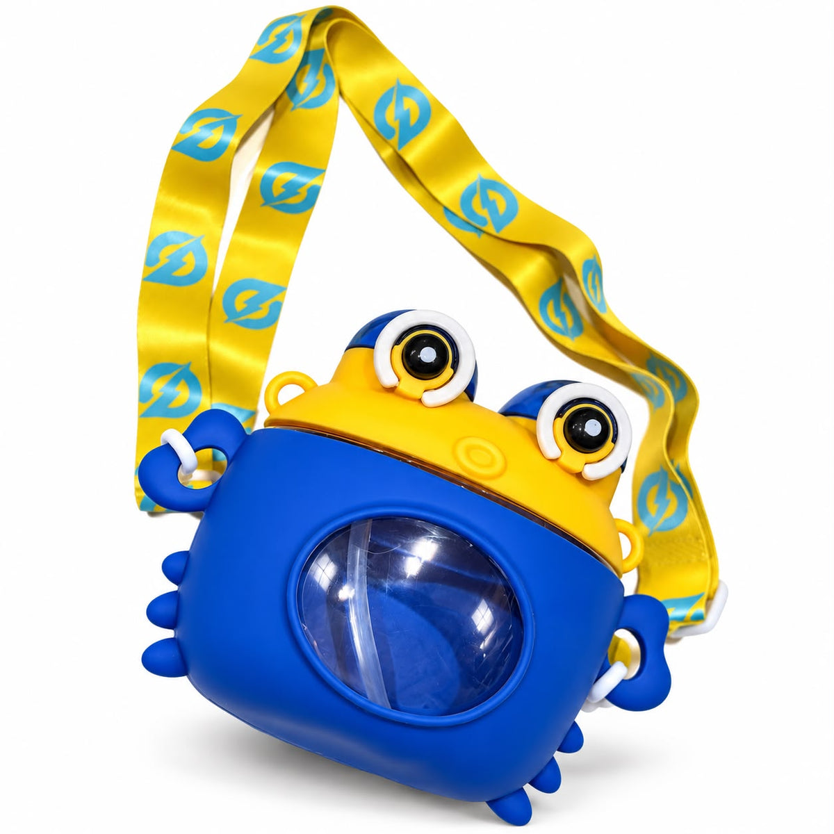 Yellow and blue dual-spout kids water bottle with shoulder strap