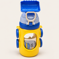 Yellow and blue kids water bottle with protective holder